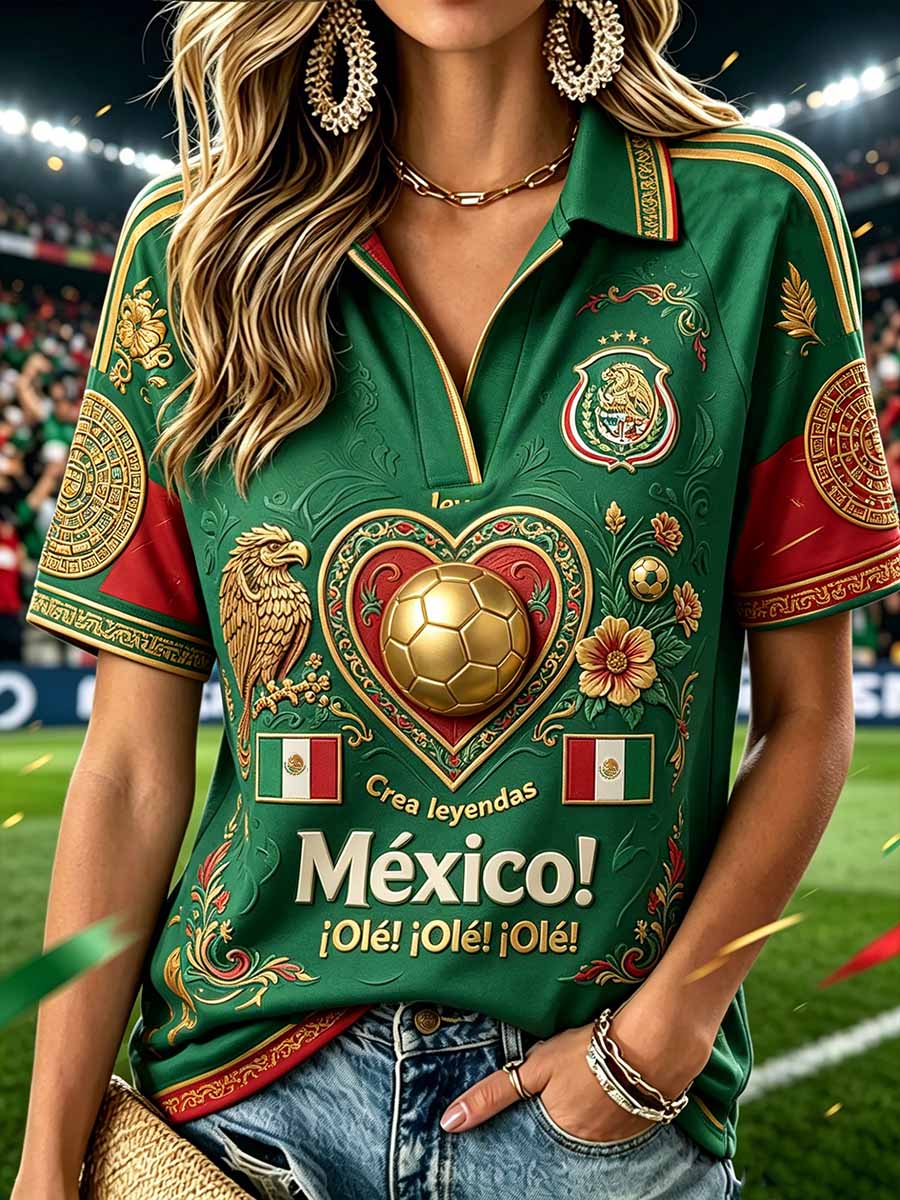 Camisa polo de moda para mujer con estampado de fútbol mexicano