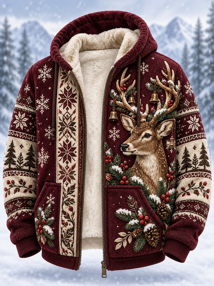 Men's Nordic Forest Animals Fleece-Lined Hooded Jacket