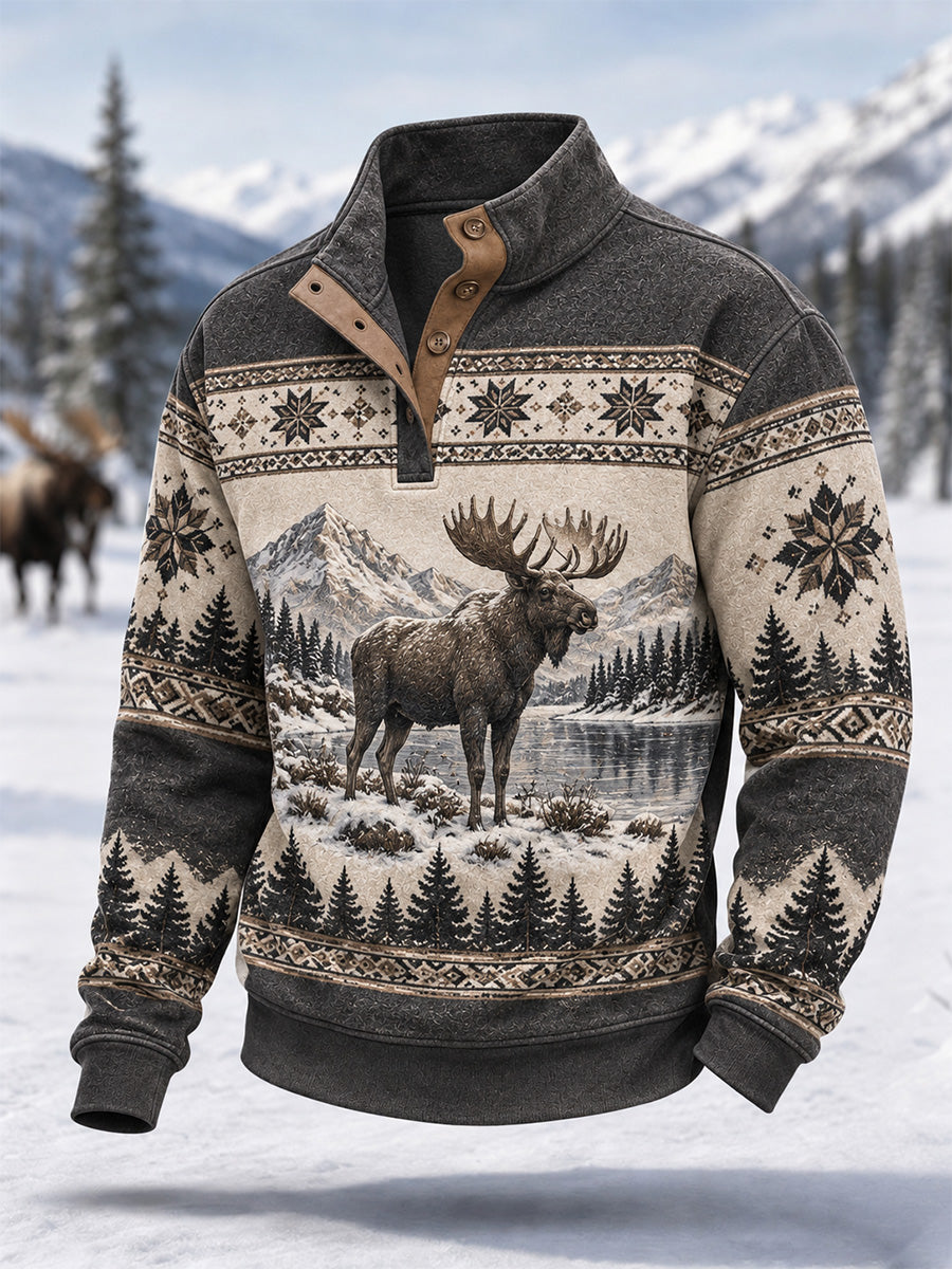 Men's Winter Moose Print Casual Buttons Pullover