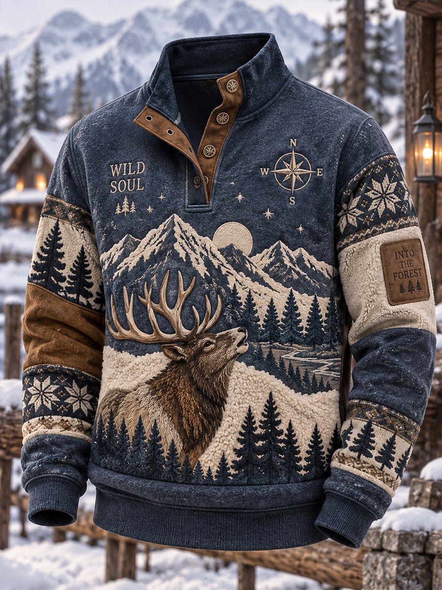 Men's Nordic Forest Animals Four-Button Hoodie
