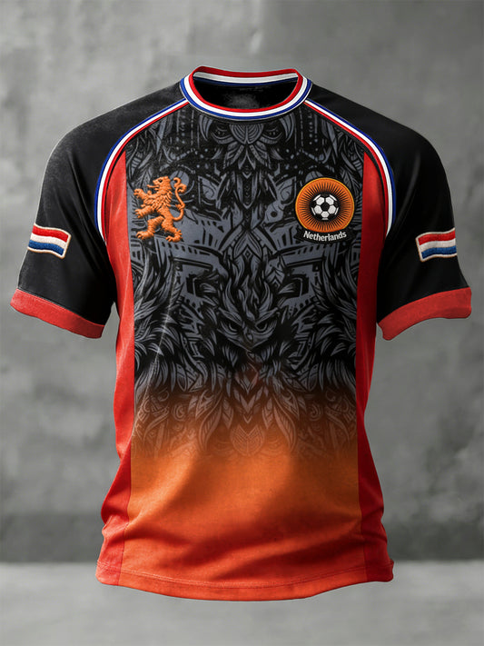Herenzwarte gradiënt Holland 2026 voetbalprint casual trui-t-shirt met vrije schouders