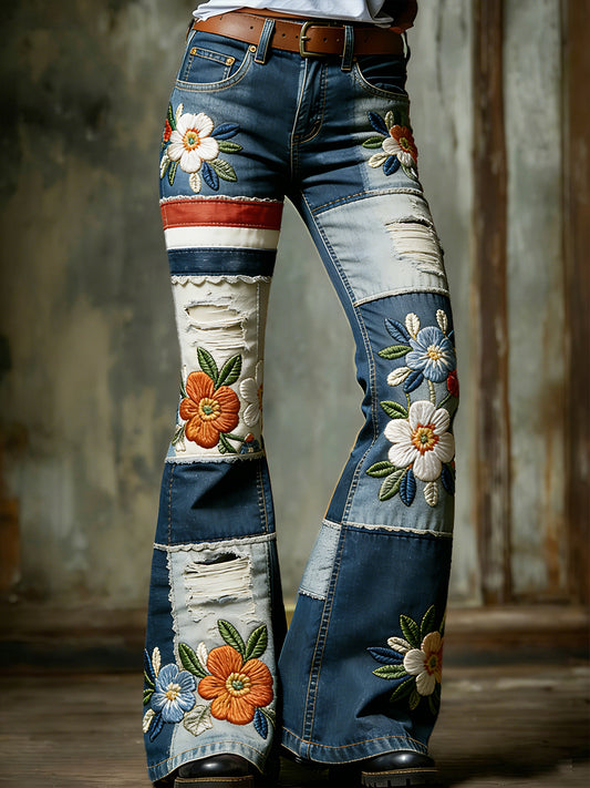 Dames Koningsdag bloemen- en denim patchworkprint modieuze klokkende broek