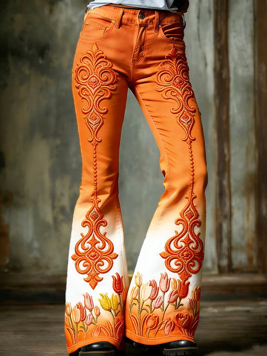 Dames Nederlandse vintage bloemenverloopprint modieuze uitlopende broek