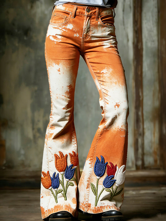 Dames vintage Nederlandse tulp bloemenprint modieuze klokkende broek