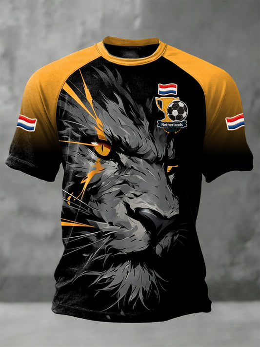Herenzwart Holland 2026 voetbal leeuwenprint cool trui-t-shirt met vrije schouders