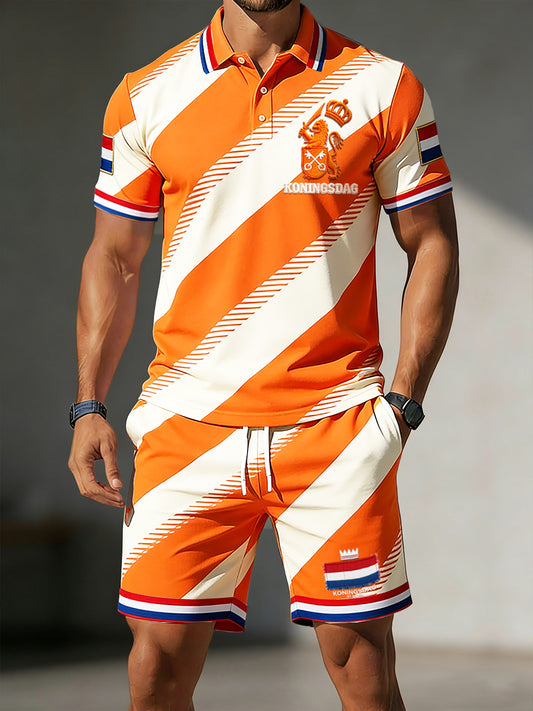 Herenpakket van casual poloshirt en korte broek met Nederlandse strepen en print