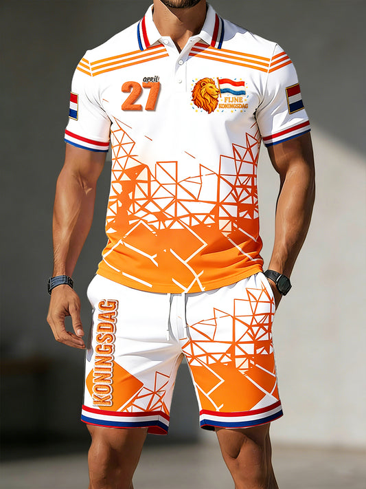 Herenpolo en korte broekset met print voor de Nederlandse Koningsdag, casual stylerei