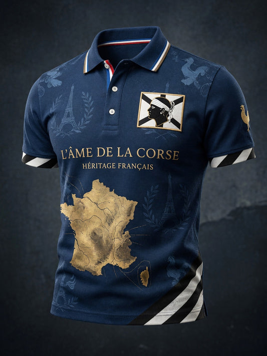 T-shirt polo décontracté vintage à l’effigie d’une carte de la Corse à tête noire