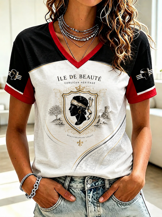 T-shirt à col en V imprimé du drapeau français de Corse pour femme