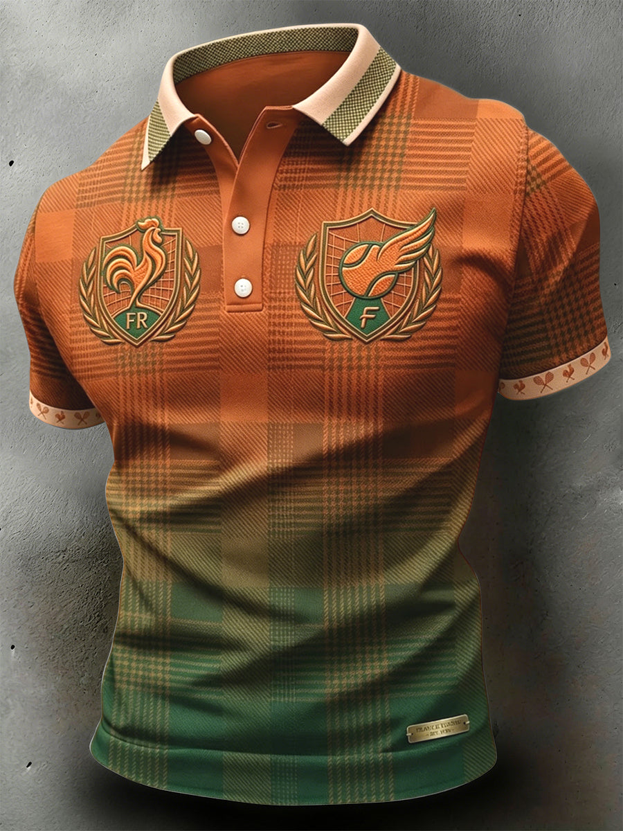 Polo décontracté rétro français à carreaux et dégradé, au style artistique