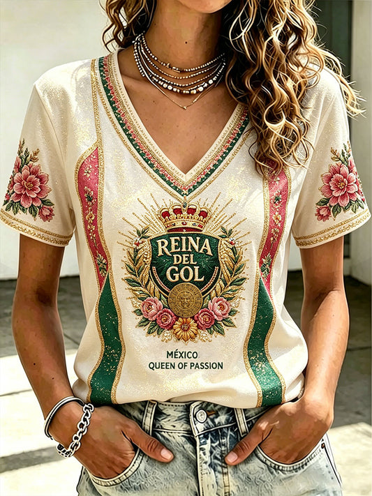 Camiseta estampada con diseño artístico para amantes del fútbol mexicano, para mujer