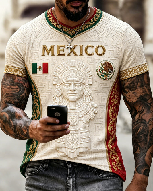 Camiseta estampada con diseño artístico de tótem tradicional en relieve, para aficionados al fútbol mexicano