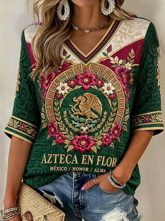 Camiseta de lino con estampado artístico para amantes del fútbol mexicano, diseño para mujer