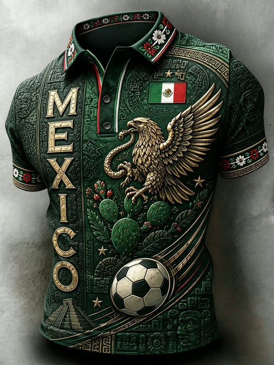 Camisa polo para hombre con estampado artístico de tótem tradicional, relieve y textura, ideal para alentar al fútbol mexicano