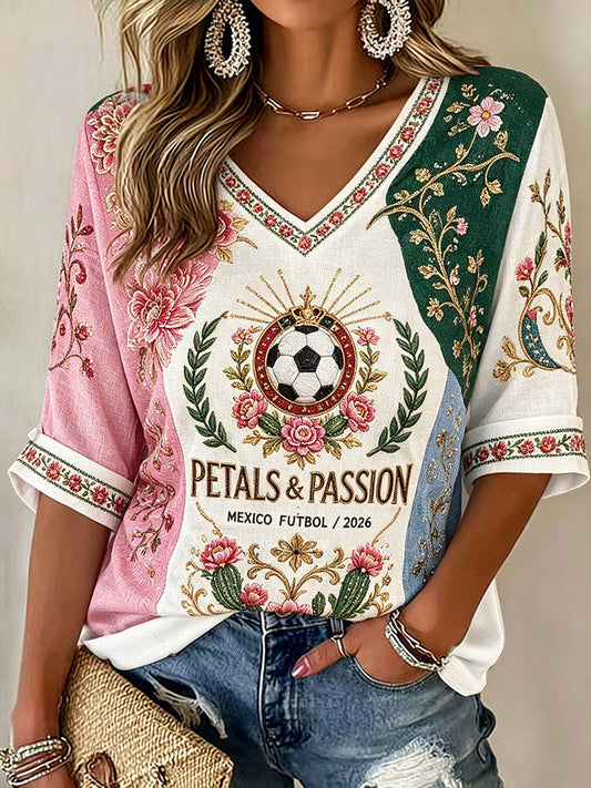 Camiseta de lino con estampado artístico para amantes del fútbol mexicano, diseño para mujer