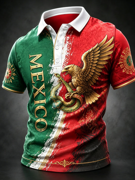 Camisa polo con estampado artístico de abanico para alentar, diseño tradicional mexicano de fútbol y tótem para hombre
