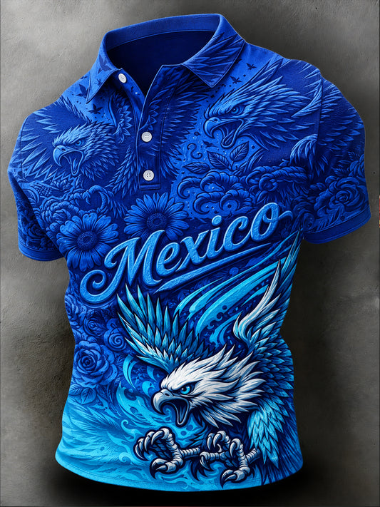 Camisa polo con estampado artístico de abanico para alentar, diseño tradicional mexicano de fútbol y tótem para hombre