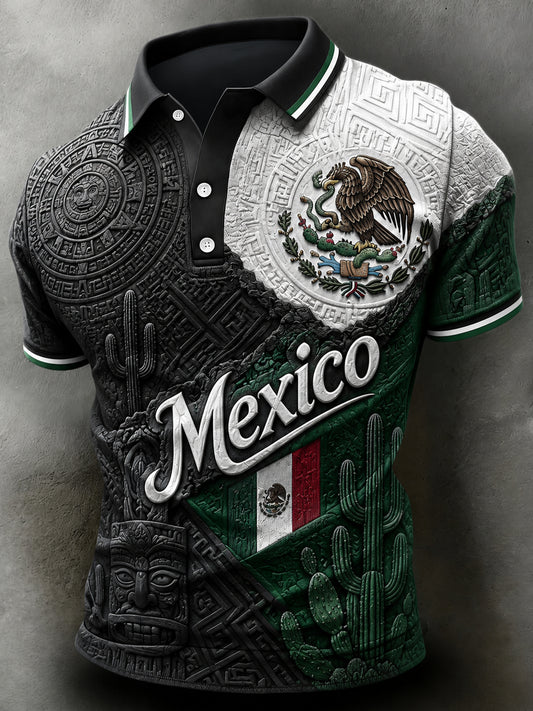 Camisa polo con estampado artístico de abanico para alentar, diseño tradicional mexicano de fútbol y tótem para hombre