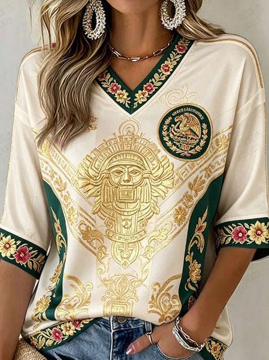 Camiseta de cuello en V con estampado en relieve de arte tradicional totem de México para animar al fútbol femenino