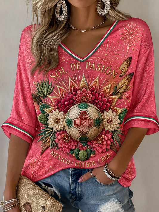 Camiseta estampada con diseño artístico para amantes del fútbol mexicano, para mujer