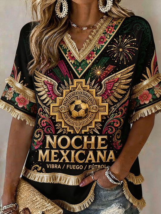 Camisetas de lino estampadas con diseño artístico para amantes del fútbol mexicano, para mujer