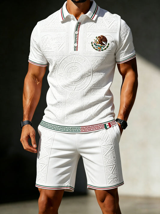 Conjunto de polo con estampado artístico de tótem azteca del fútbol mexicano para hombre