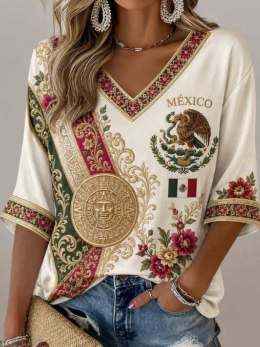 Camiseta de cuello en V con estampado artístico de elemento tótem azteca del fútbol femenino mexicano