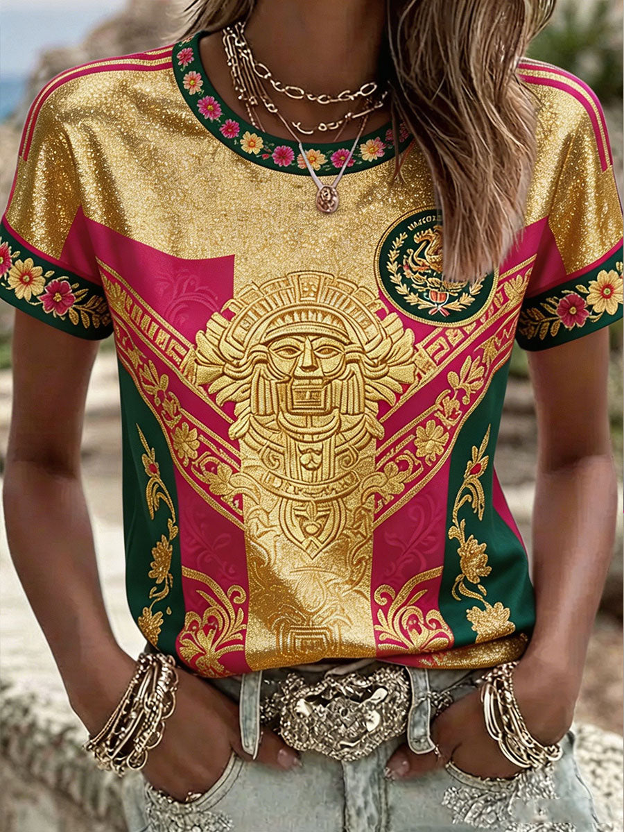 Camiseta estampada con diseño artístico para amantes del fútbol mexicano, para mujer