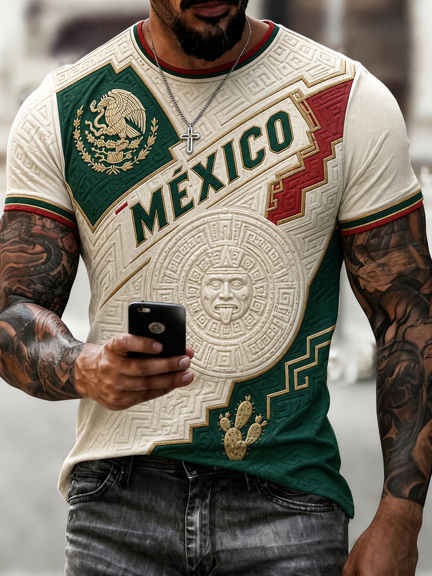 Camiseta estampada para hombre con diseño mexicano de fútbol y elemento totema azteca