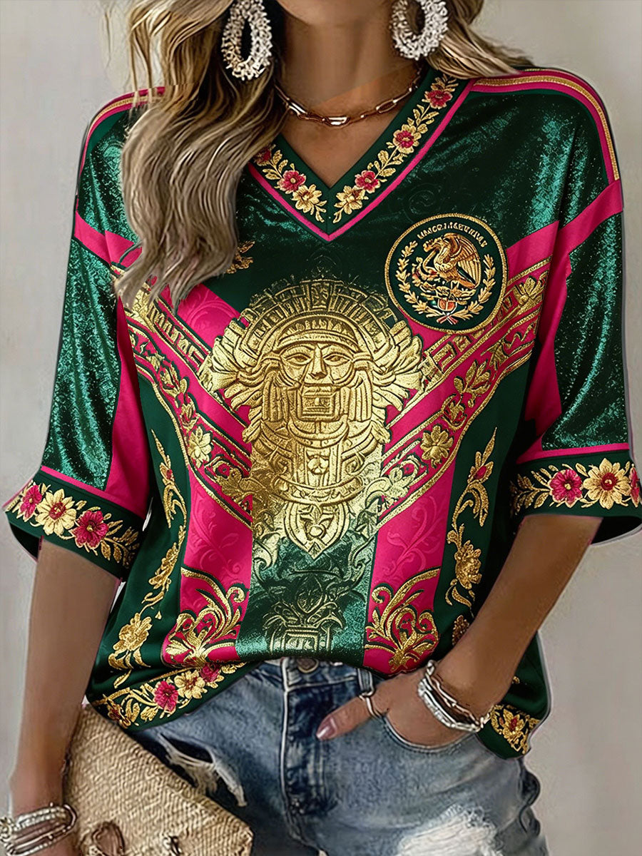 Camiseta estampada con diseño artístico para amantes del fútbol mexicano, para mujer