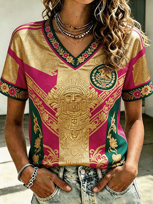 Camiseta estampada con diseño artístico para amantes del fútbol mexicano, para mujer