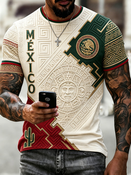 Camiseta estampada para hombre con diseño mexicano de fútbol y elemento totema azteca