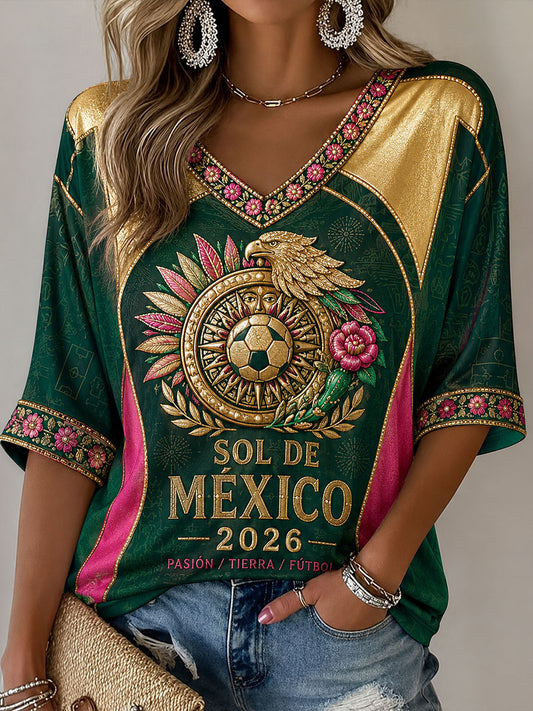 Camisetas casuales con estampado artístico para amantes del fútbol mexicano, diseño para mujer