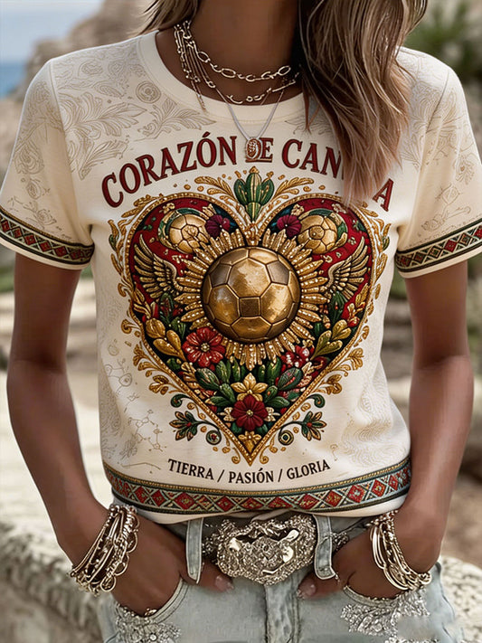 Camiseta de lino con estampado artístico para amantes del fútbol mexicano, diseño para mujer