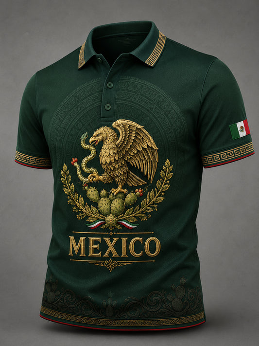 Camiseta polo con estampado artístico para hombre, diseño mexicano de fútbol y tótem azteca