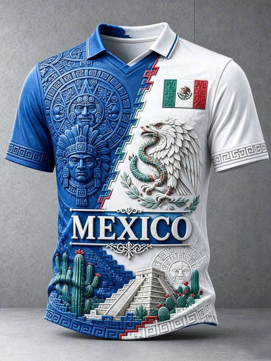 Camiseta de cuello en V con estampado artístico para animar al fútbol mexicano masculino