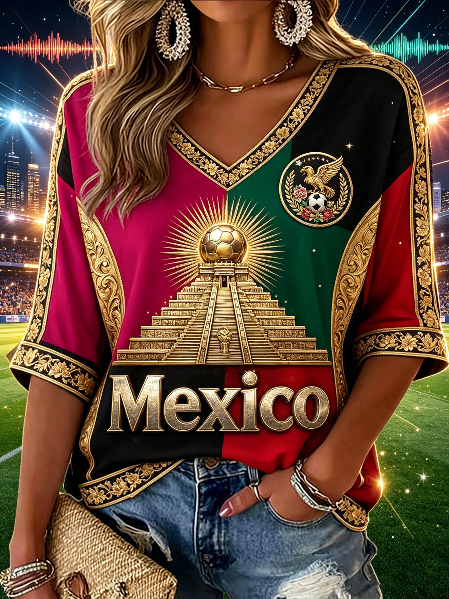 Camiseta de cuello en V con estampado artístico de elemento de aficionada mexicana de fútbol para mujer