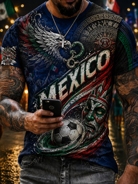 Camiseta estampada con diseño artístico de tótem tradicional en relieve, para aficionados al fútbol mexicano