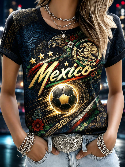 Camiseta con estampado artístico de animación, diseño tradicional mexicano con tótem para fútbol femenino