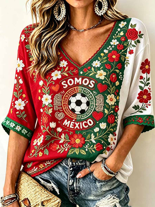 Camiseta casual estampada de fútbol de México para mujer