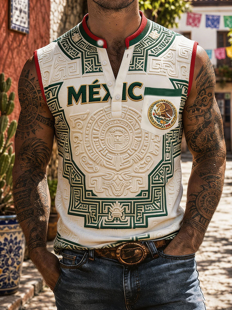 Camisetas sin mangas de lino con estampado artístico del orgullo mexicano para hombre