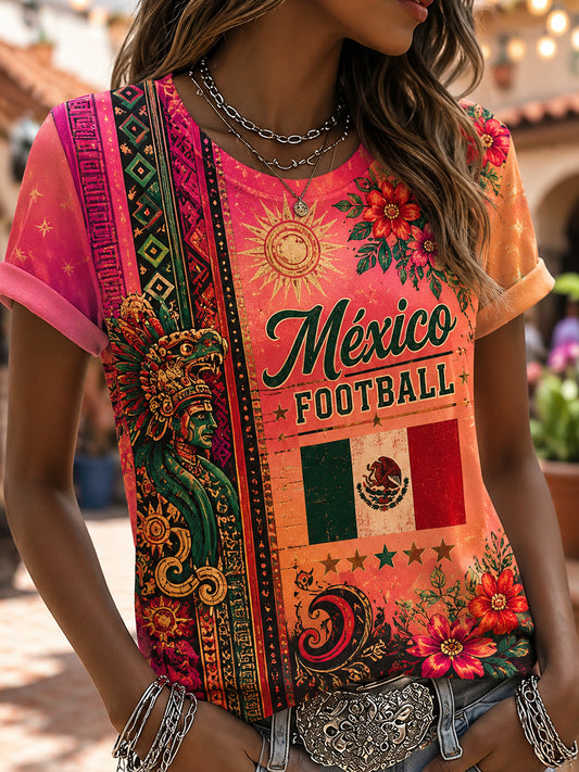 Camiseta con estampado de arte de elemento de animar de partido de fútbol mexicano para mujer