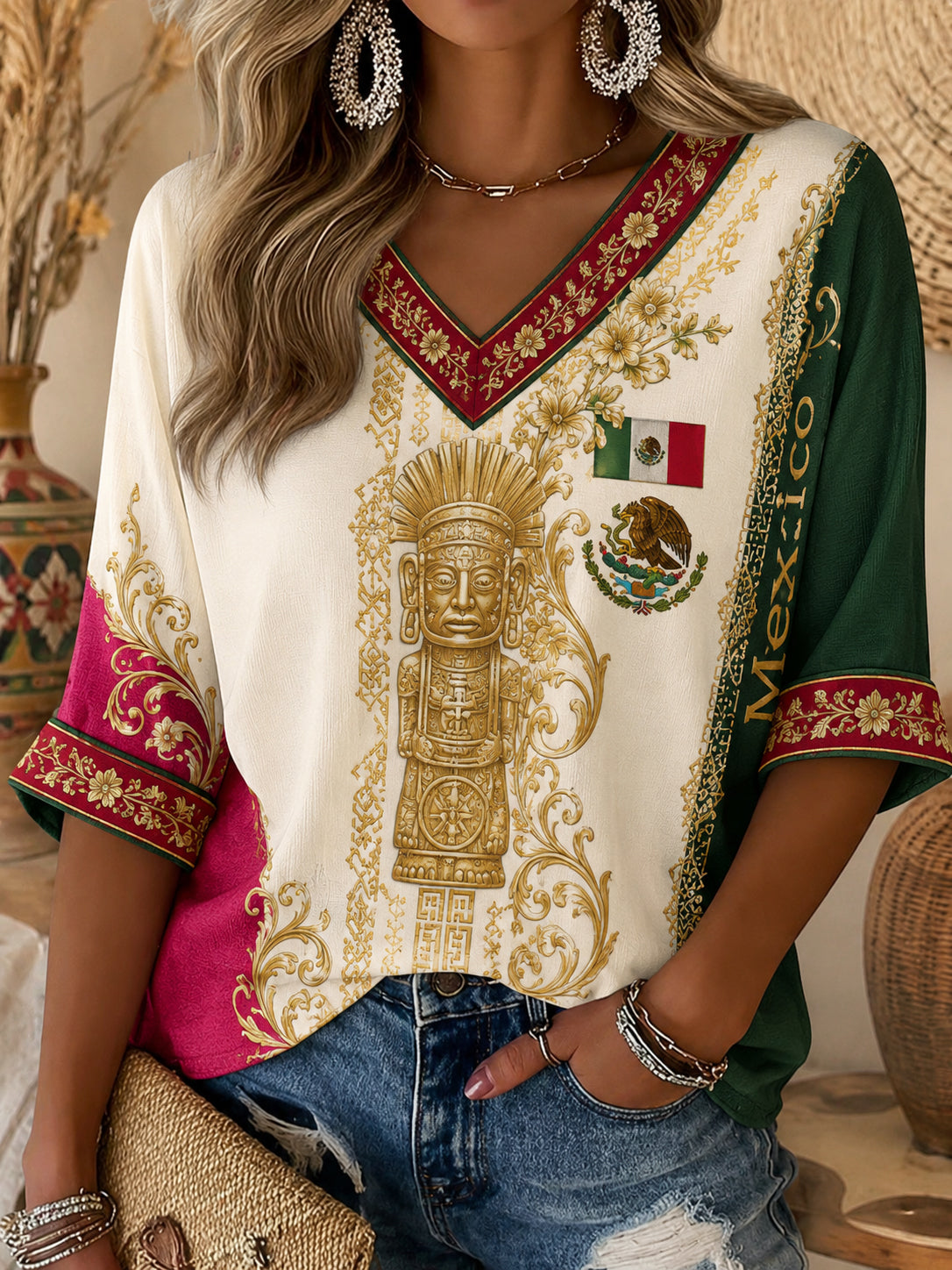 Top con cuello en V estampado de arte de elemento de animar de partido de fútbol mexicano para mujer