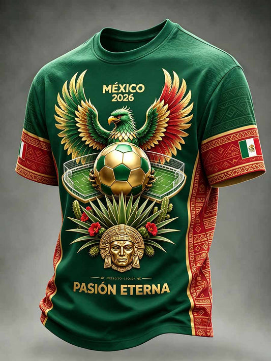 Camiseta casual para hombre con estampado retro de fútbol mexicano