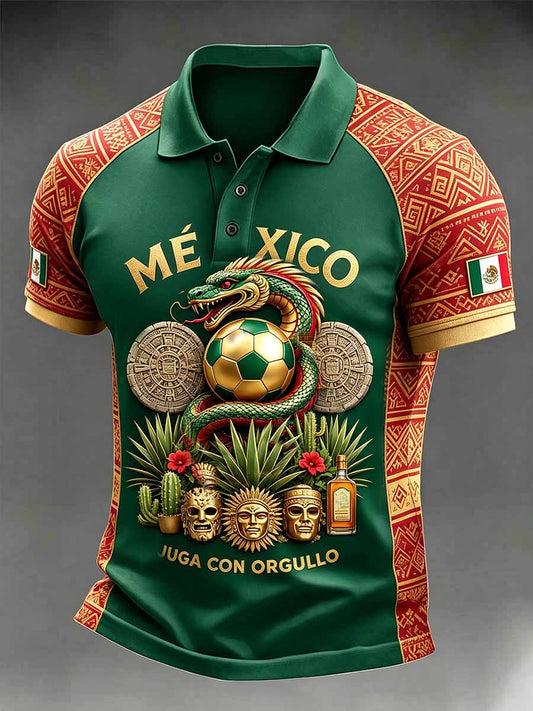 Polo casual de hombre con estampado mexicano retro de fútbol