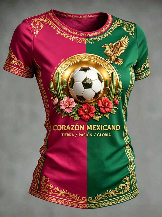 Camiseta casual con estampado de fútbol mexicano para mujer