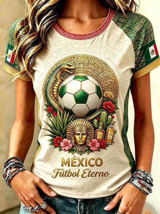 Camiseta casual con estampado de fútbol mexicano para mujer