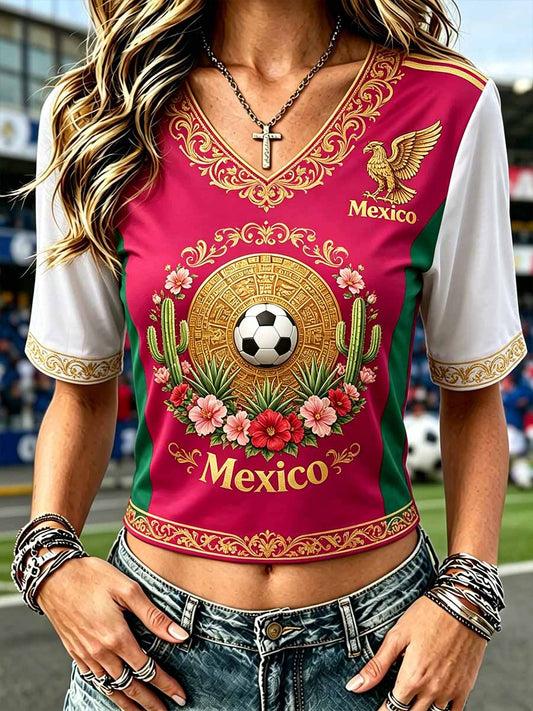 Camiseta casual con estampado de fútbol mexicano para mujer