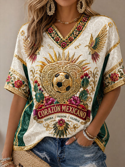 Camiseta estampada con diseño artístico de amor por el fútbol mexicano para mujer