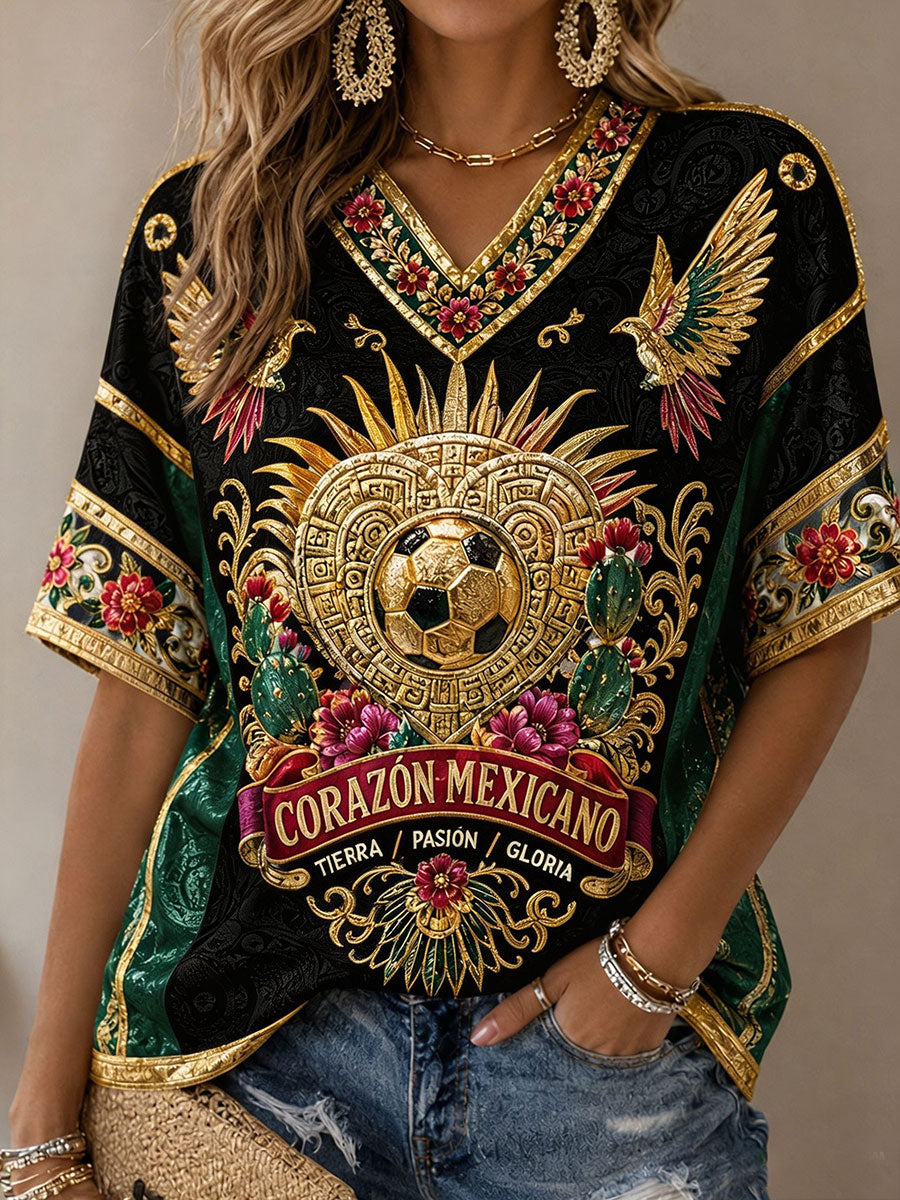 Camiseta estampada con diseño artístico de amor por el fútbol mexicano para mujer